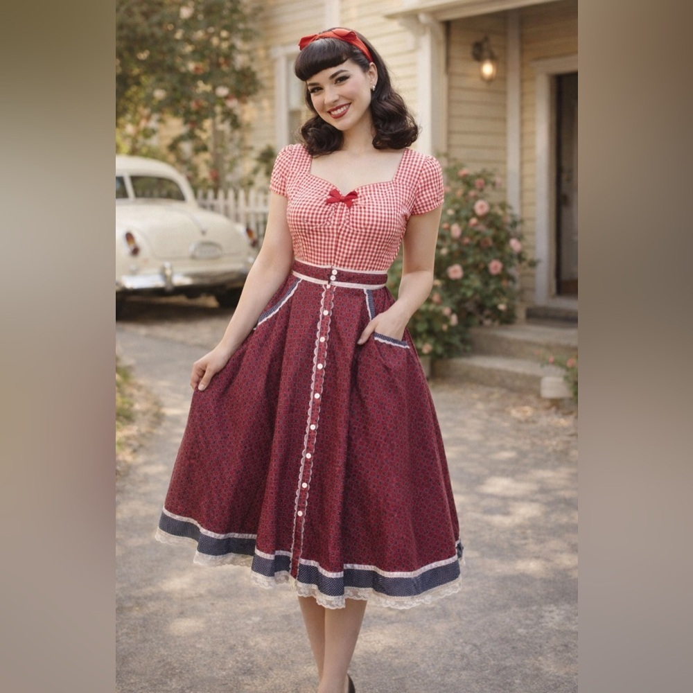 Vintage 70s Gunne Sax Jessica’s Gunnies Prairie Calico Midi Skirt Burgundy 9